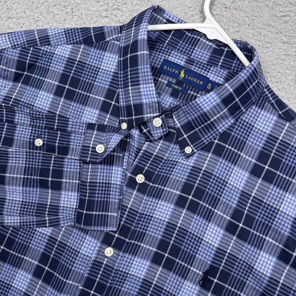Ralph Lauren Shirt Mens XL Blue Plaid Slim Fit Long Sleeve Button Up Casual